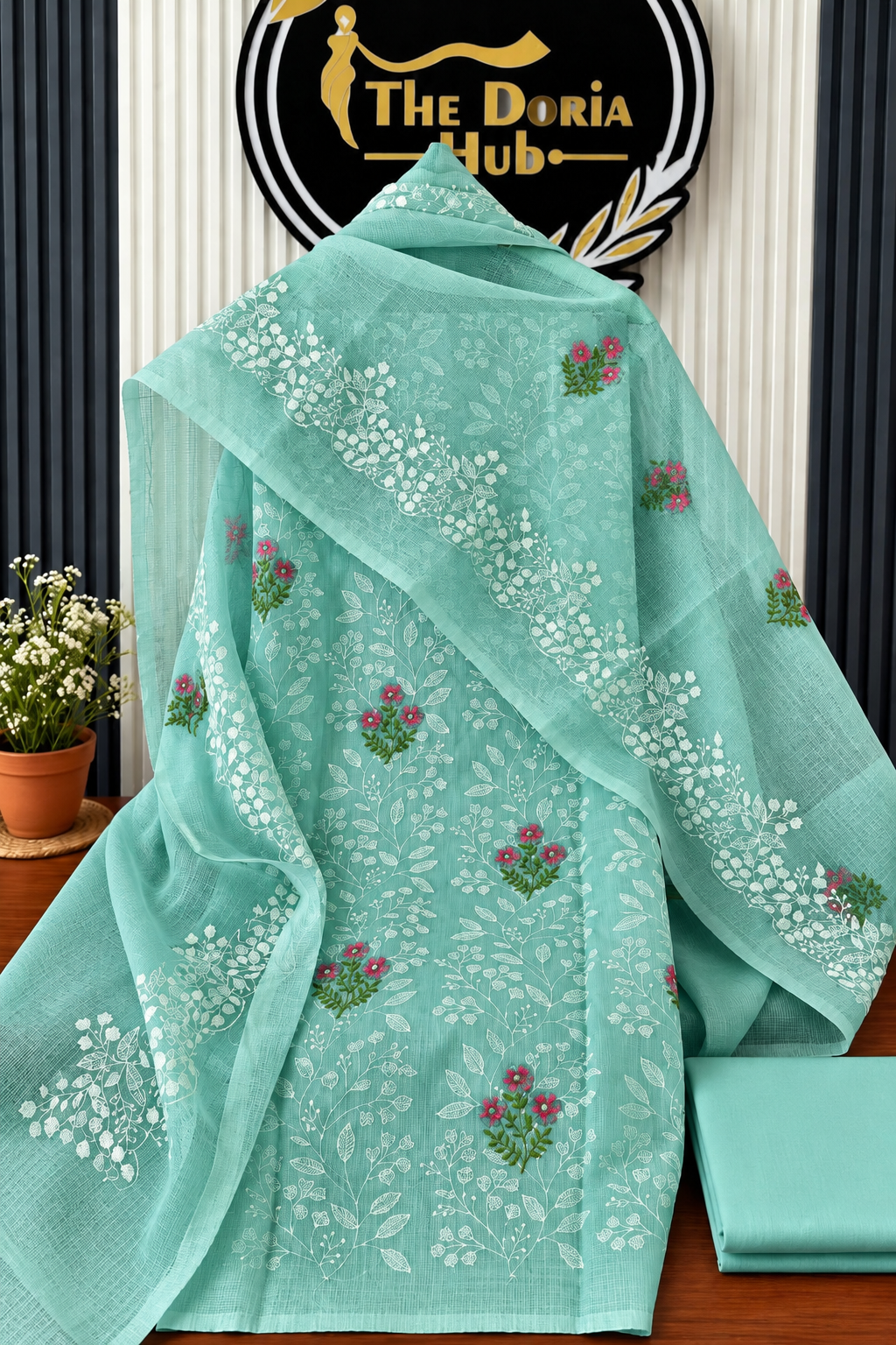 Teal Meadow Embroidery Dress Material with Bottom
