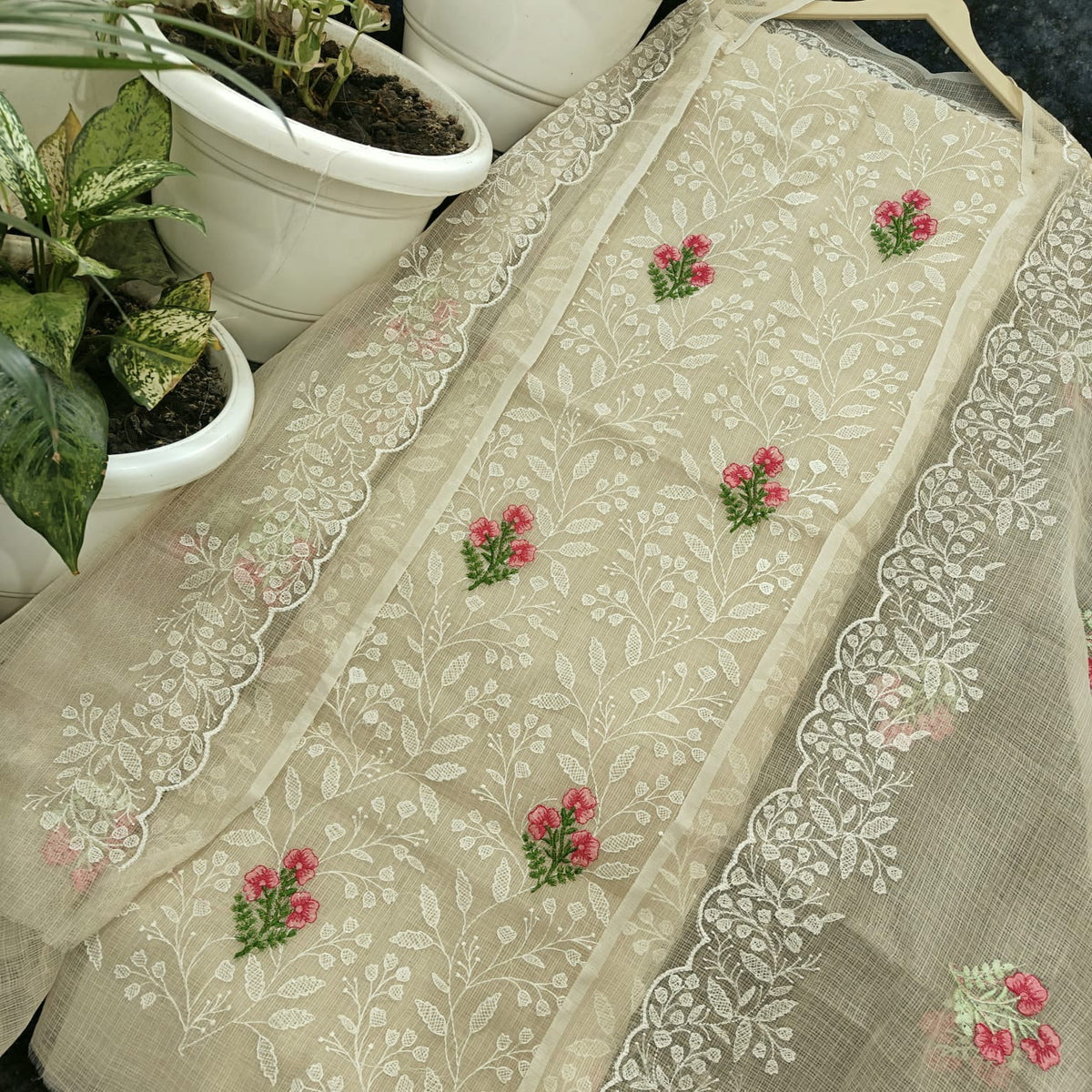 Beige Blossom Kota Doria Cotton Dress Material