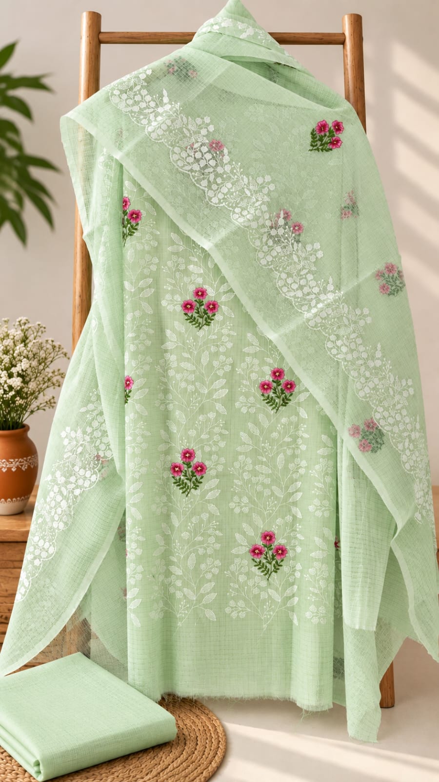 Mint Blossom Embroidery Dress Material with Bottom