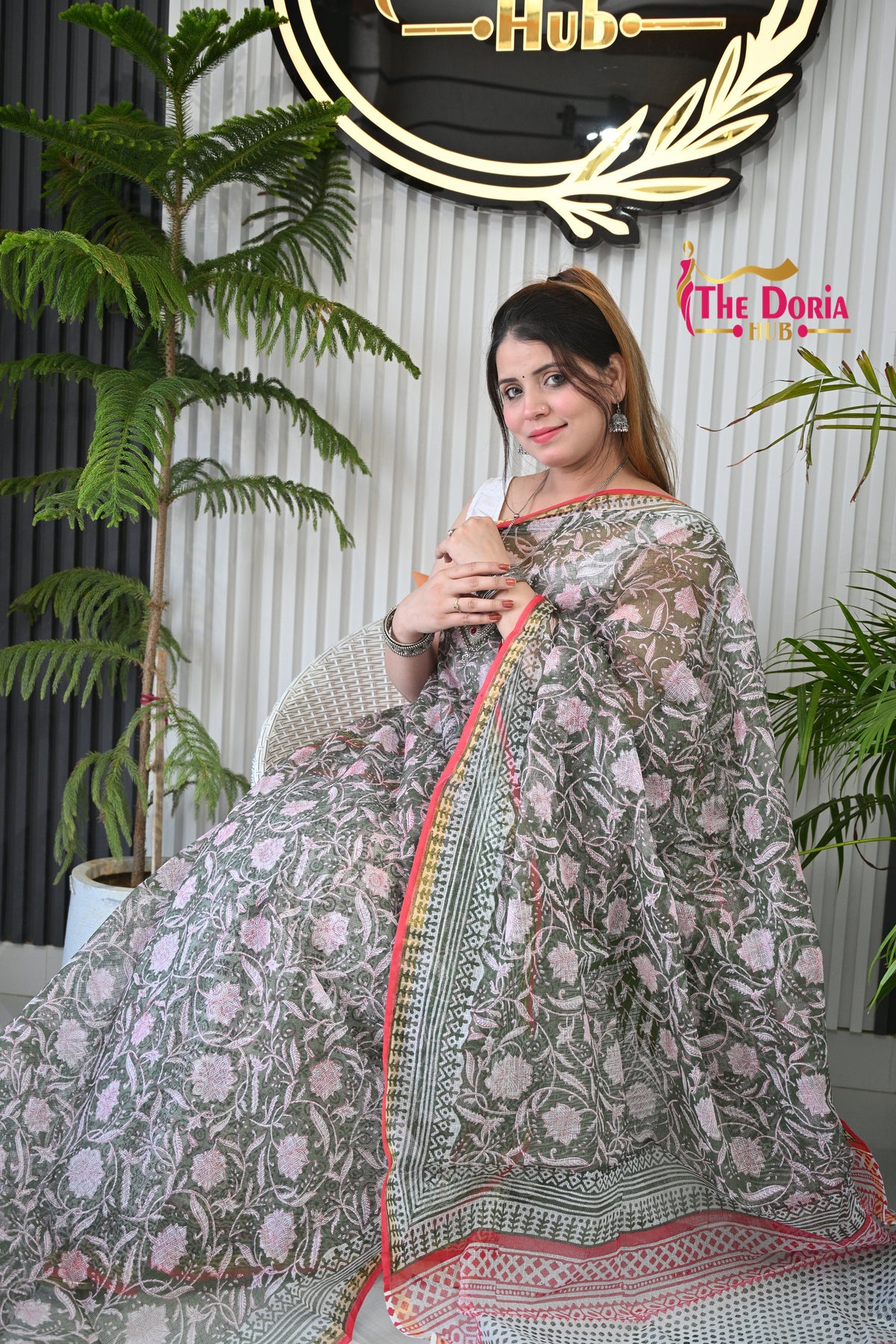 Floral Hand Block Kota Doria Saree