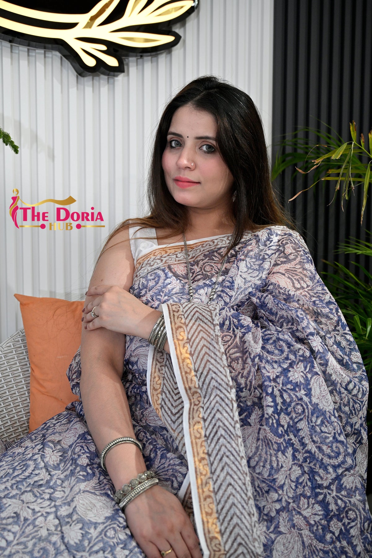 Indigo Floral Kota Doria Saree