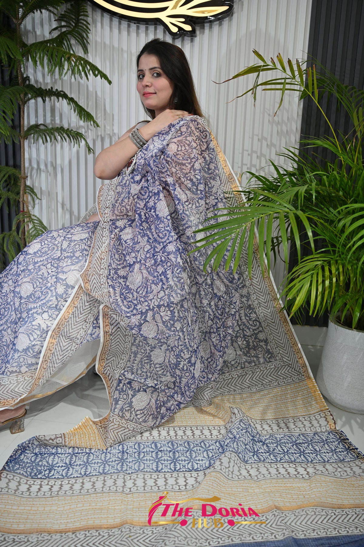Indigo Floral Kota Doria Saree