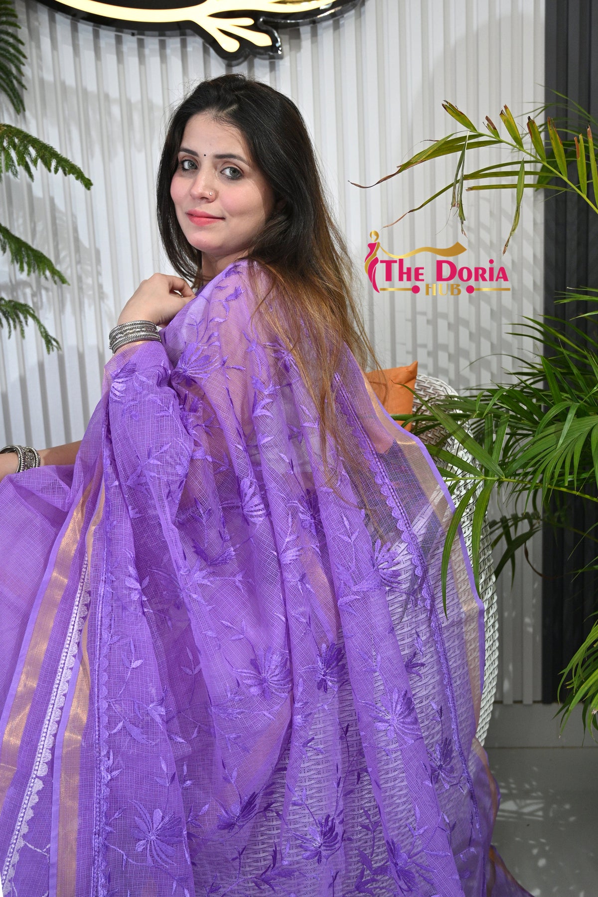 Lavender Embroidered Kota Doria Saree
