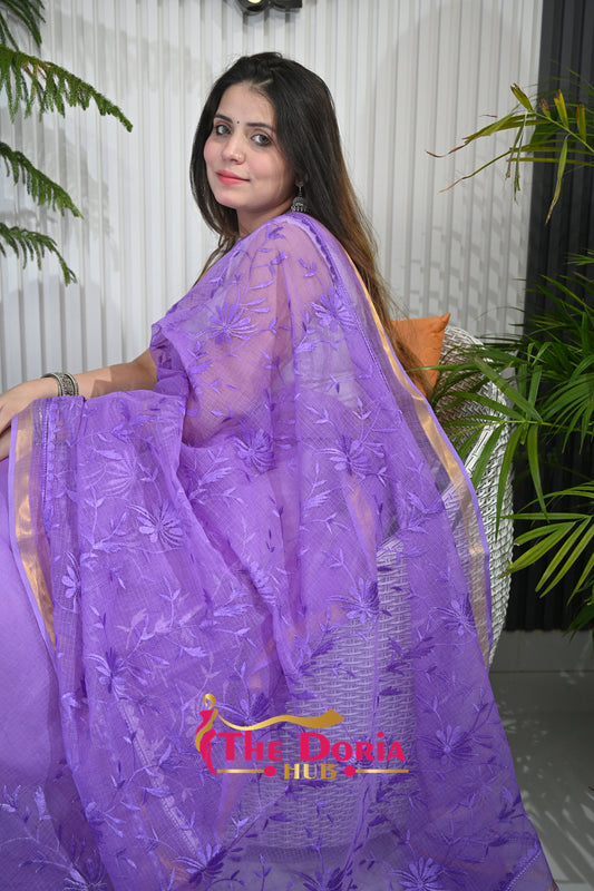 Lavender Embroidered Kota Doria Saree