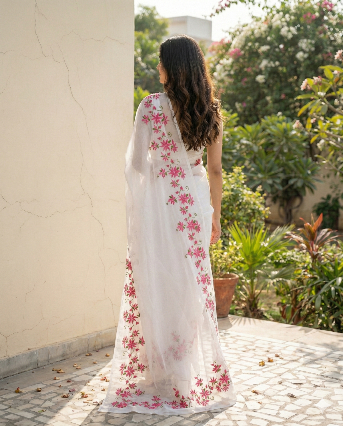 White kota doria saree with pink flower