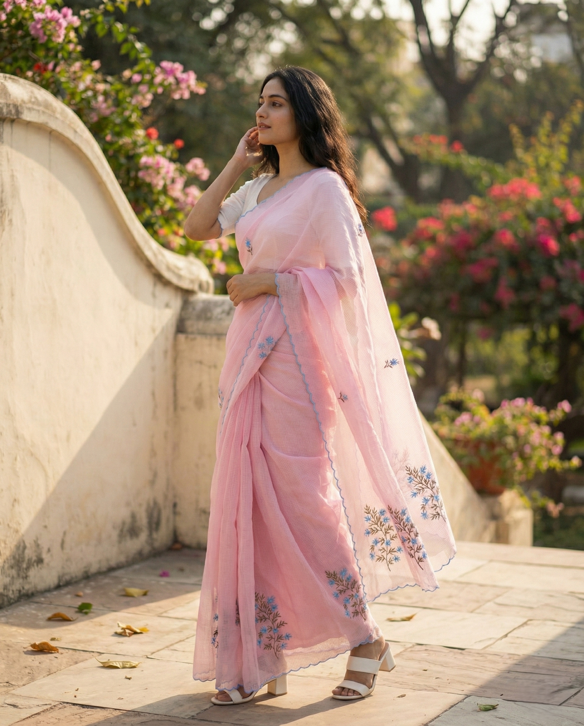 Pink kota doria saree