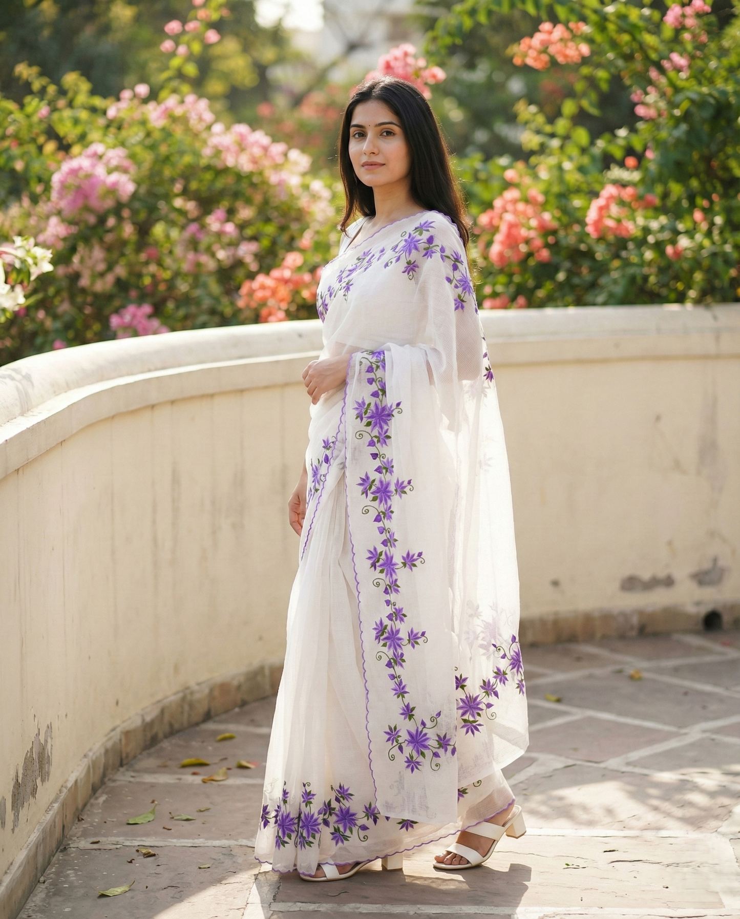 White kota doria saree with purple flower