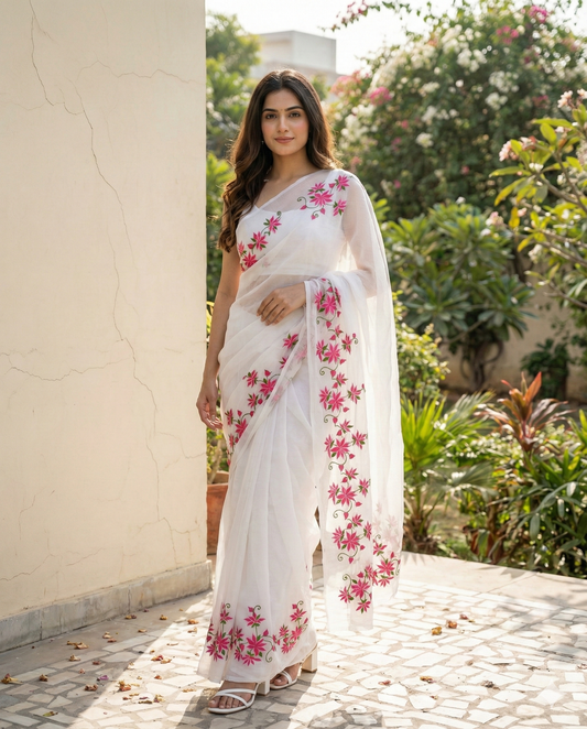 White kota doria saree with pink flower