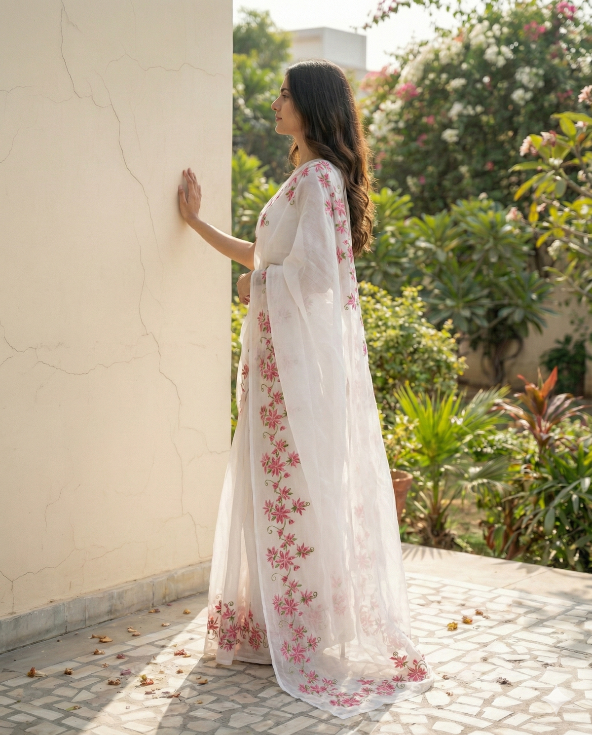 White kota doria saree with pink flower