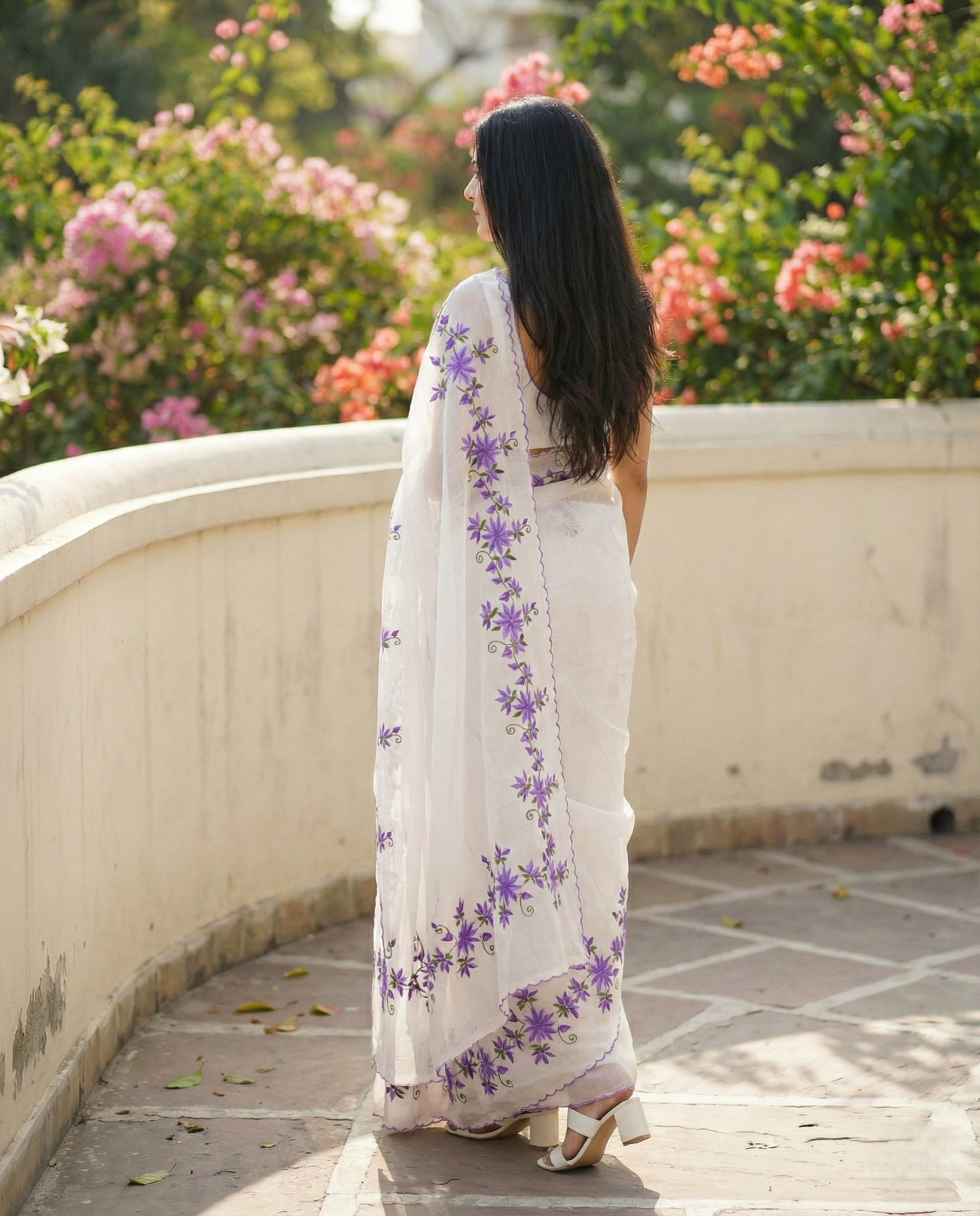 White kota doria saree with purple flower
