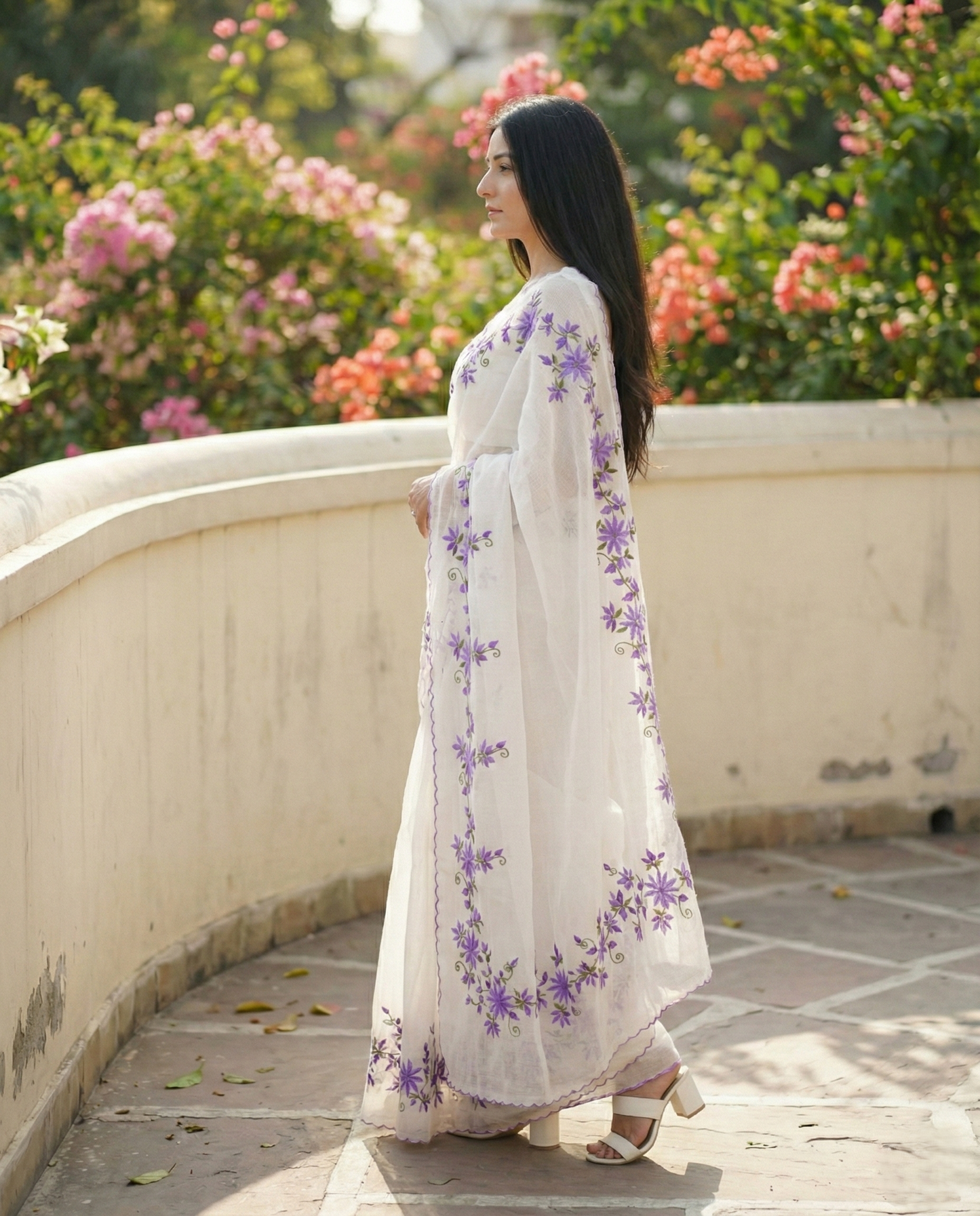 White kota doria saree with purple flower