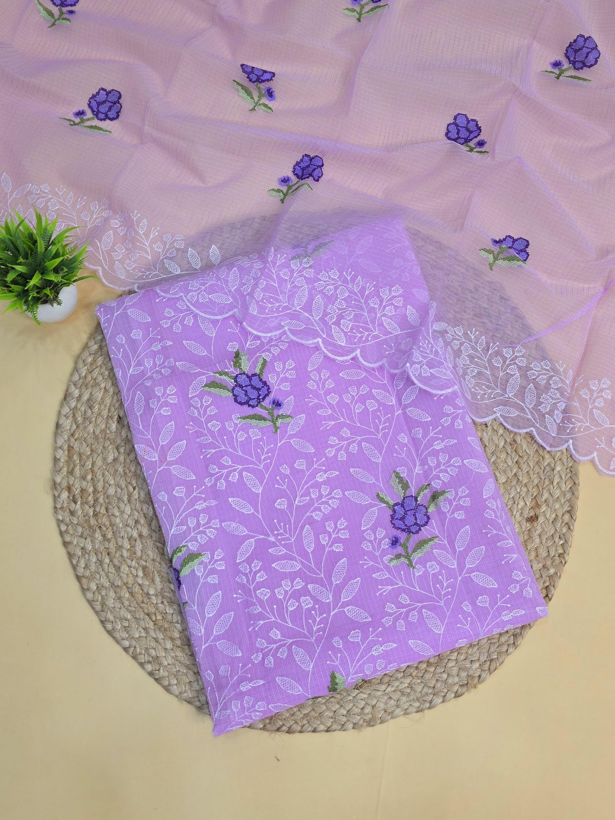 Lavender Bloom Embroidery Dress Material with Bottom