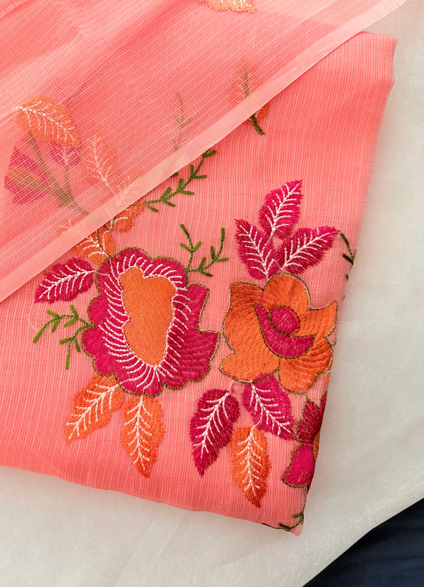 Peach Floral Embroidery Dress Material with Bottom