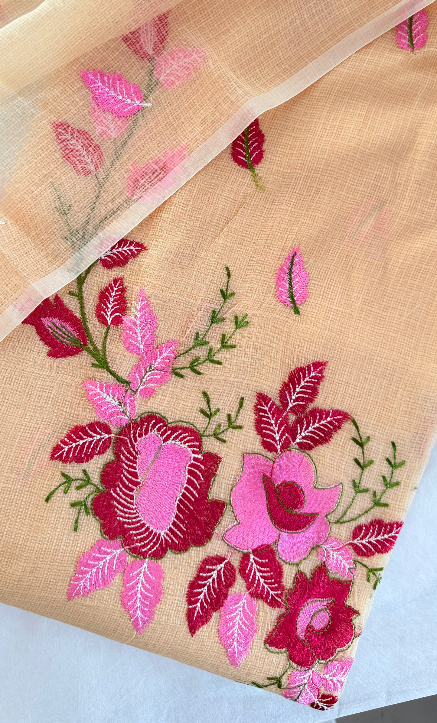 Peach Floral Kota Doria Cotton Dress Material with Bottom