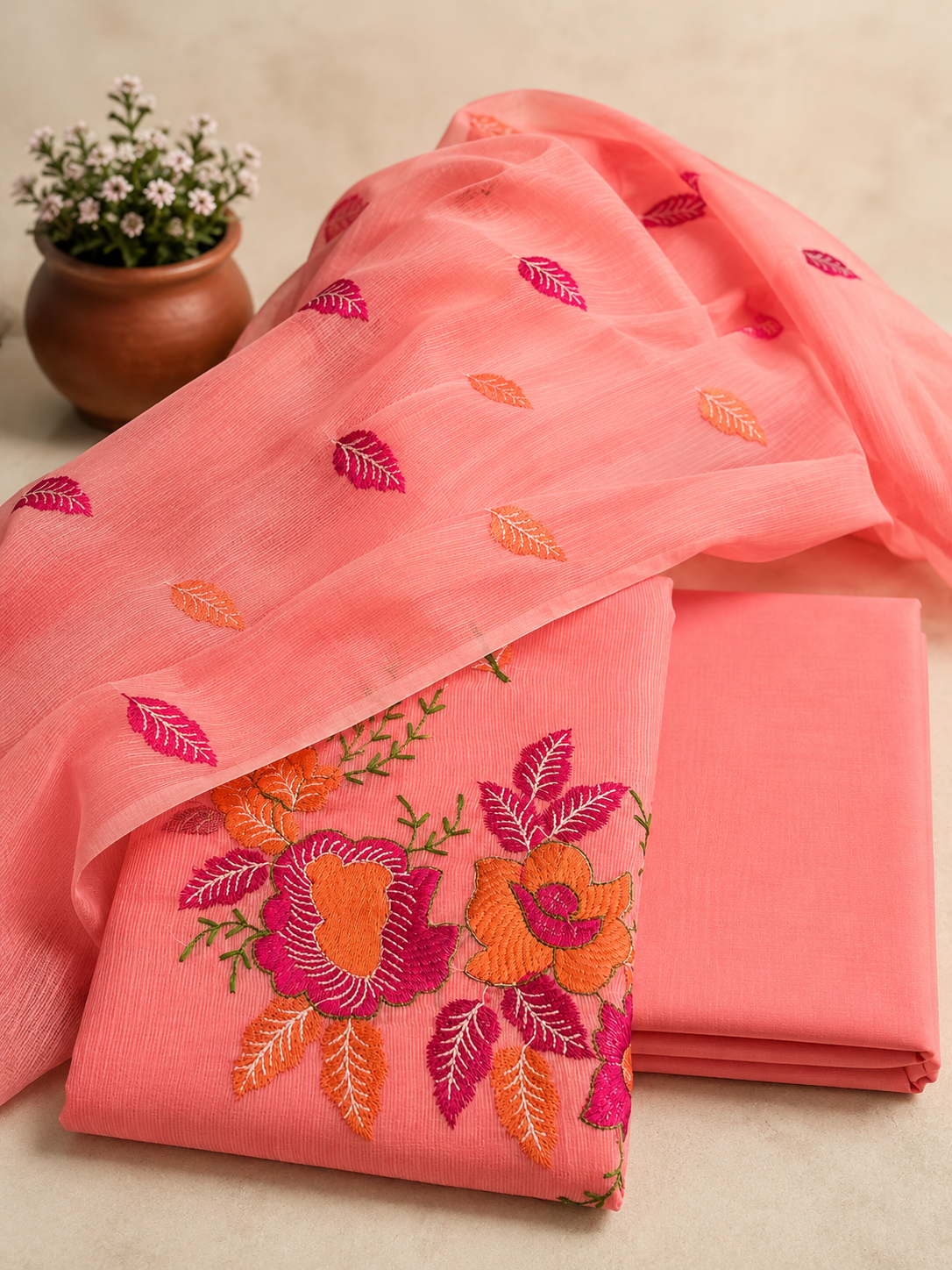 Peach Floral Embroidery Dress Material with Bottom