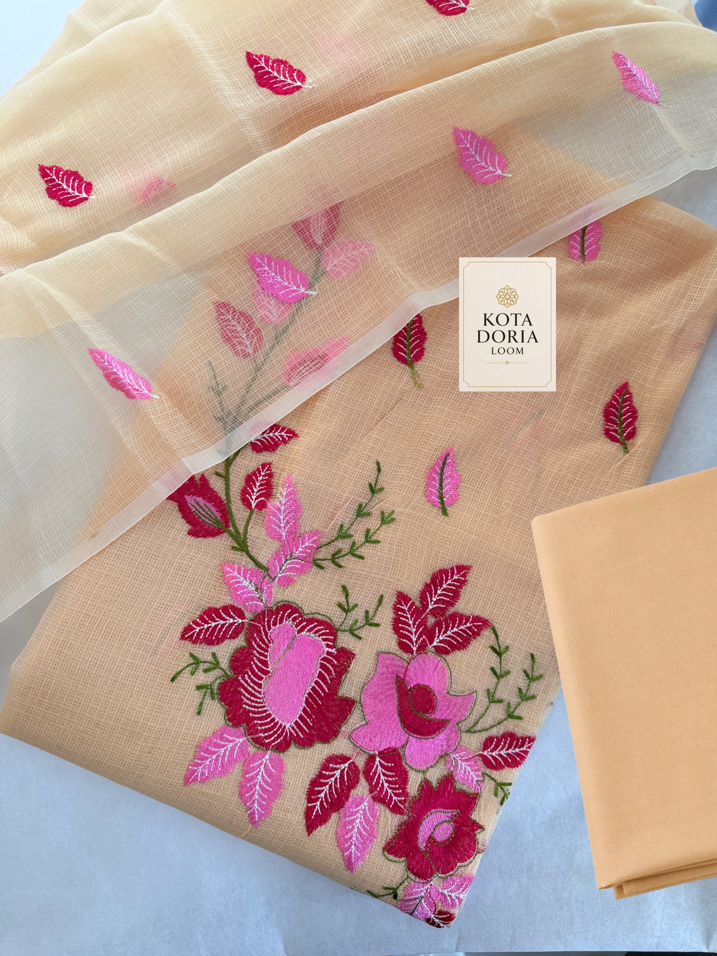 Peach Floral Kota Doria Cotton Dress Material with Bottom