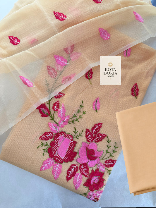Peach Floral Kota Doria Cotton Dress Material with Bottom