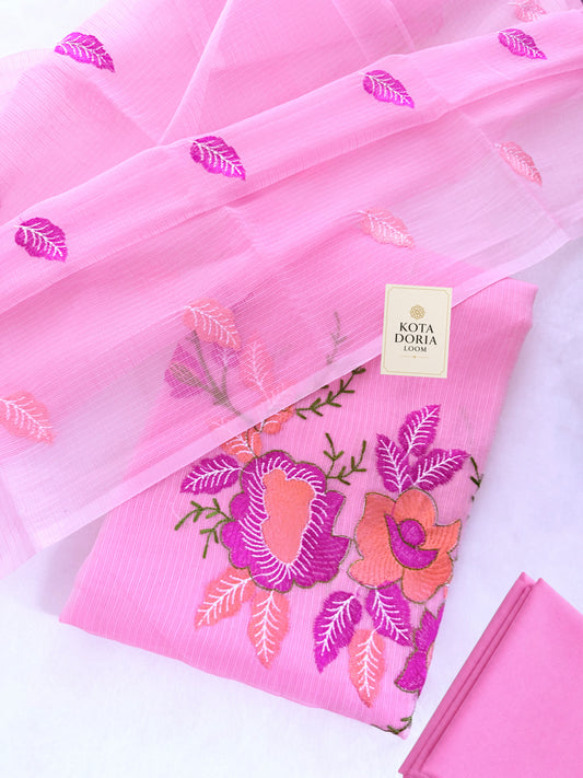 Pink Floral Embroidery Dress Material with Bottom