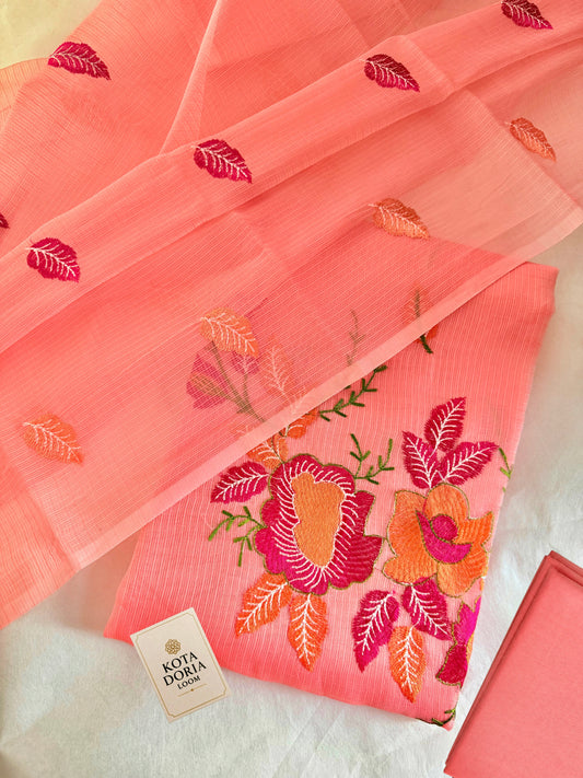 Peach Floral Embroidery Dress Material with Bottom