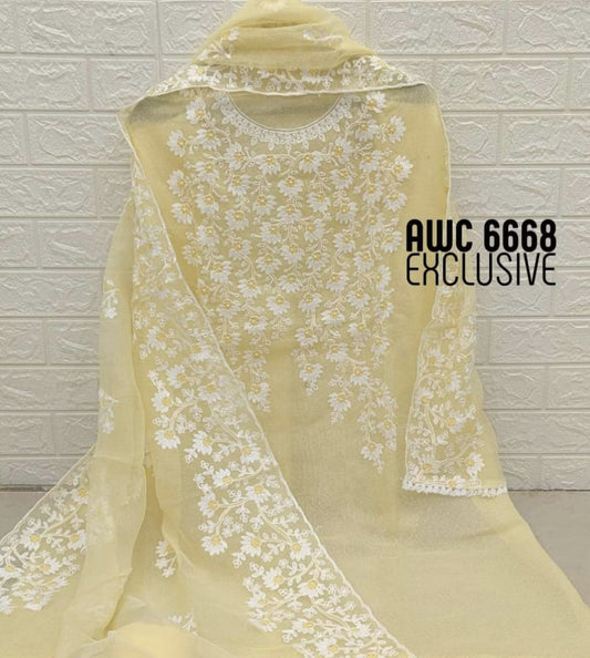 Soft Yellow Kota Doria Embroidery Work Dress Material