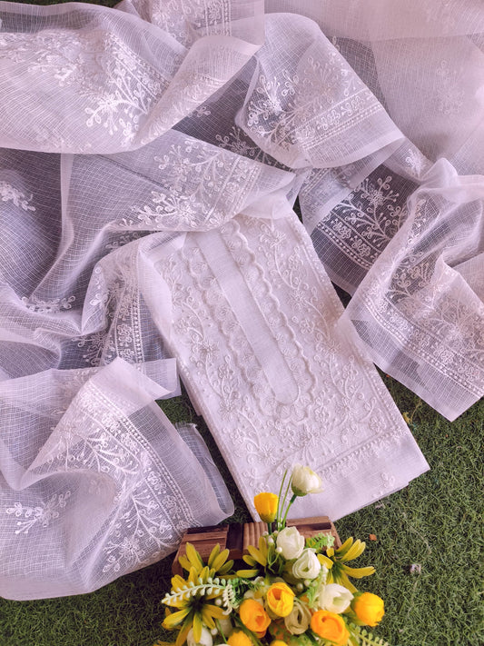 Classic White Kota Doria Cotton Embrodiery Work Dress Material