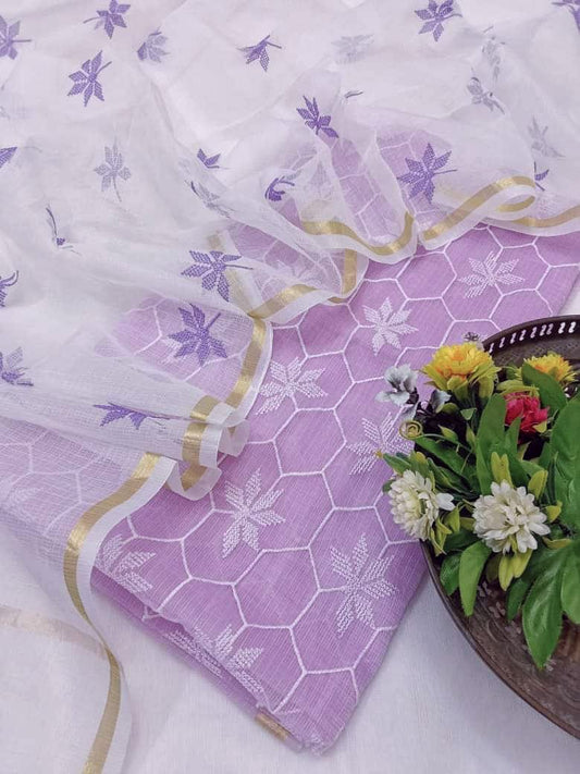 Lavender Kota Cotton Embrodiery Dress Material