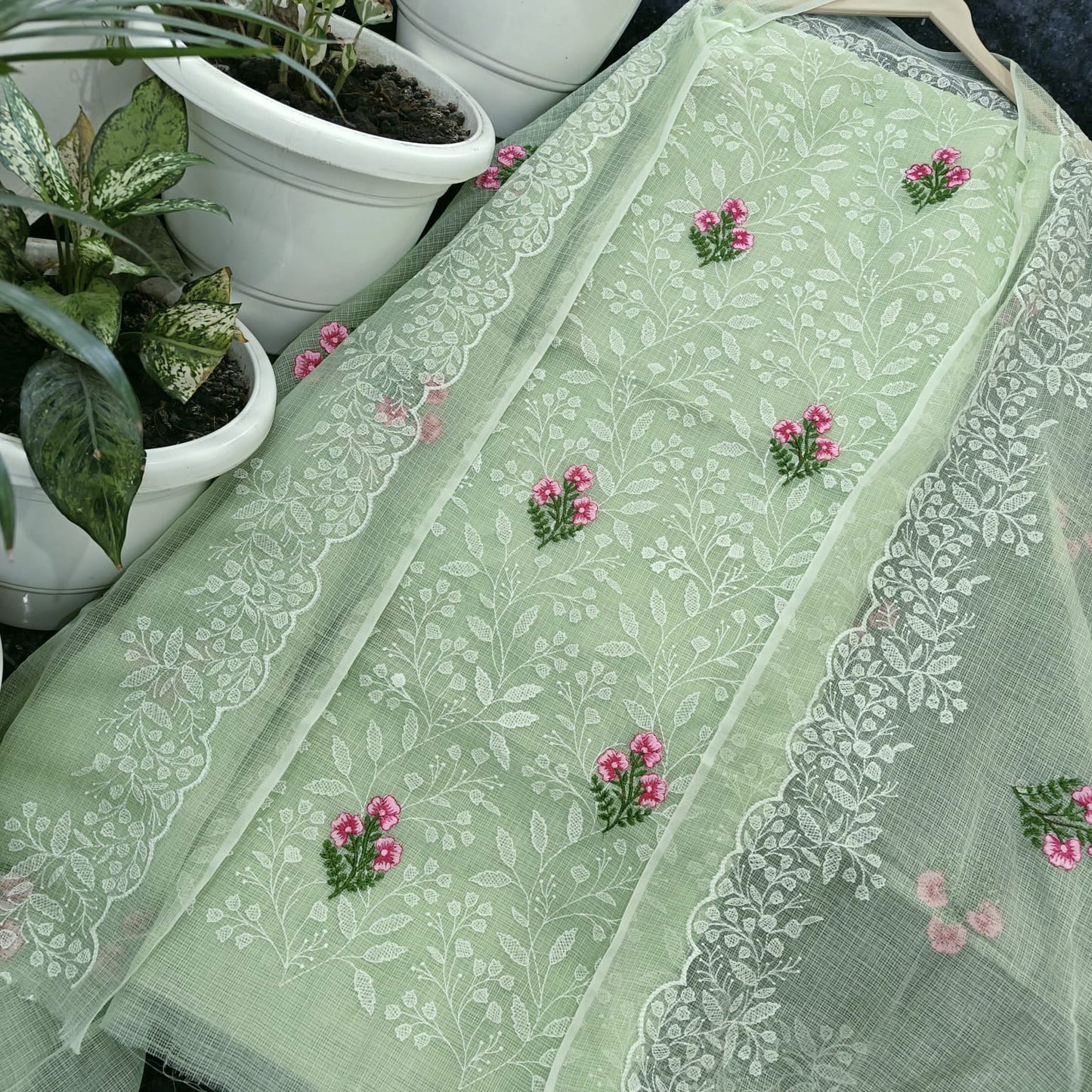 Elegant White Vine Floral Dress Material
