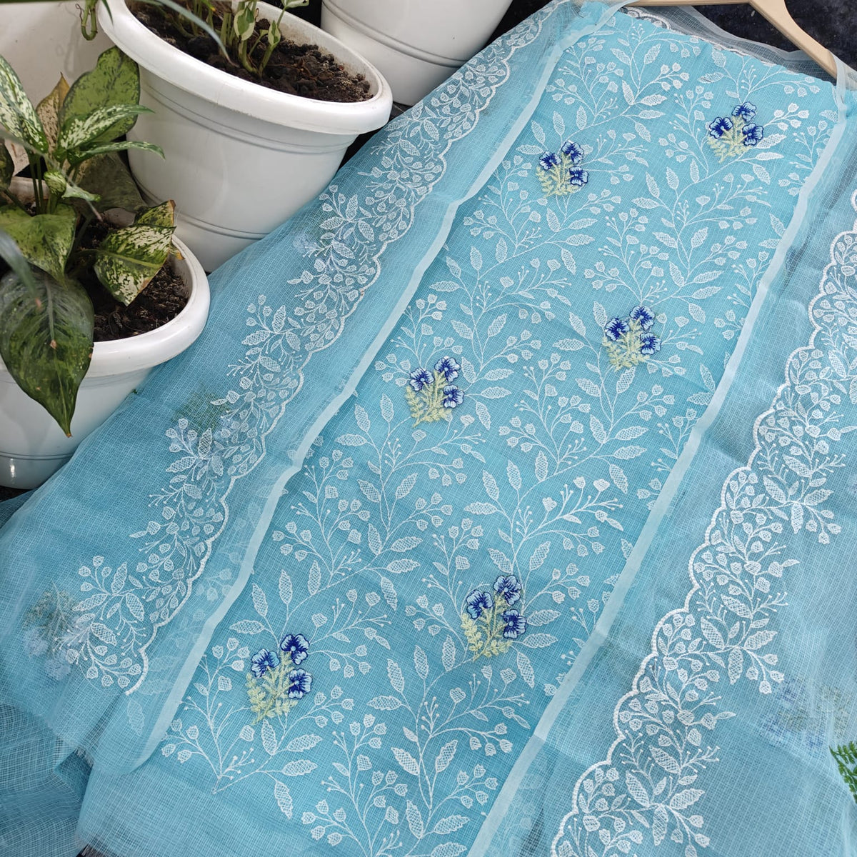 Sky Blue Floral Kota Doria Cotton Dress Material