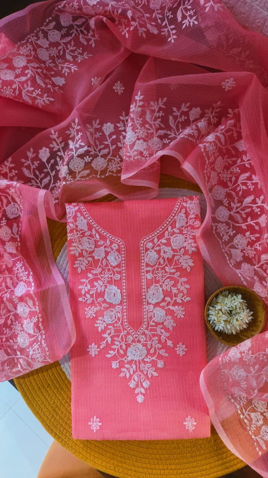 Coral Pink Kota Doria Cotton Dress Material