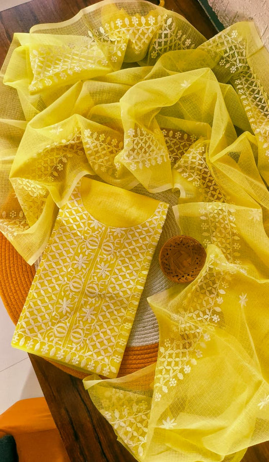 Bright Yellow Kota Doria Cotton Dress Material
