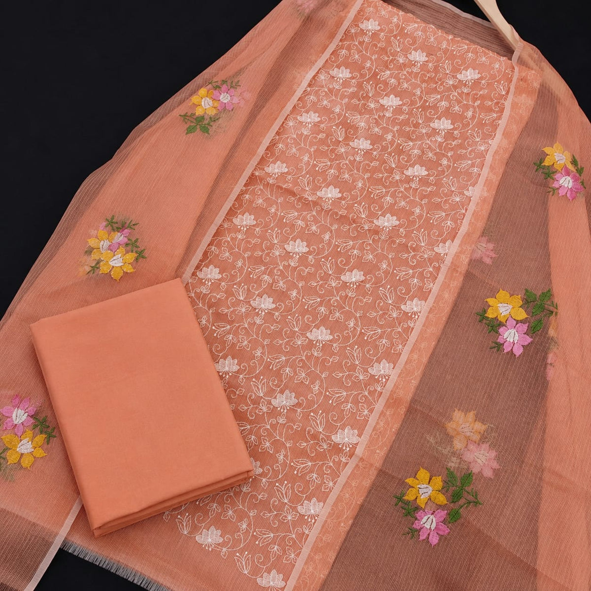 Peach Floral Elegance Dress Material with Bottom