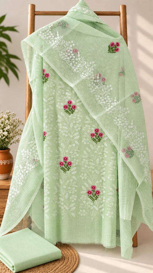 Mint Blossom Embroidery Dress Material with Bottom