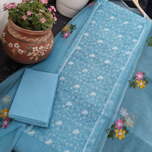 Azure Blossom Embroidered Dress Material with Bottom